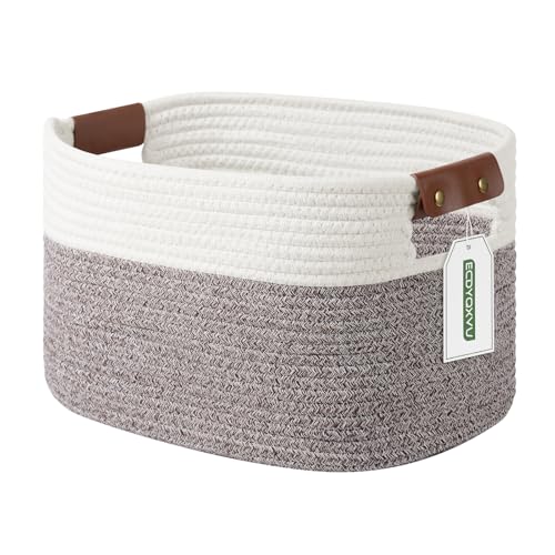 ECDYQXVU 15x10x9 Woven Cotton Rope Storage Basket, Leather Handles 1 Pack - color: White/Brown-1 Pack, size: 1 Pack