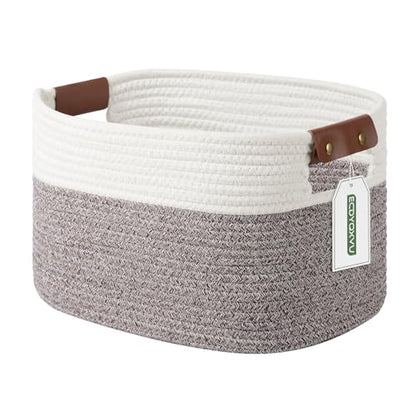 ECDYQXVU 15x10x9 Woven Cotton Rope Storage Basket, Leather Handles 1 Pack - color: White/Brown-1 Pack, size: 1 Pack