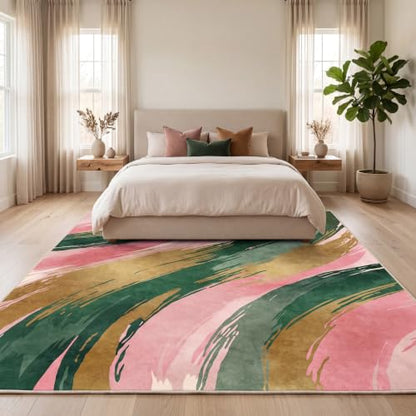 8x10 Pink and Green Area Rug, Modern Abstract Brushstroke Design - color: Pink/Green/Gold, size: 8' x 10' (Rectangular)