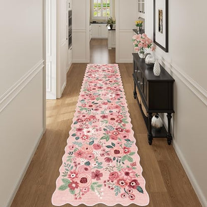 DUKINO 2.6x12 Washable Runner Rug, Floral Non Slip Long Kitchen Rug, Pink - color: Pink (Big), size: 2'6" x 12' (Rectangular)