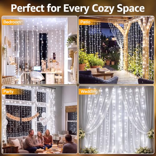 Ollny 200LED Curtain Lights 6.6ftx6.6ft, Cool White String Lights Plug in - color: Cool White, size: 200 LED