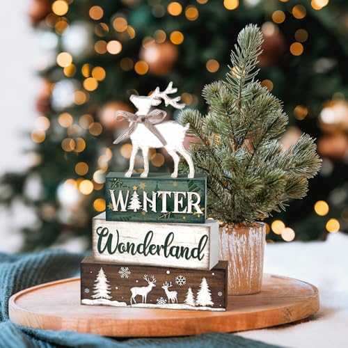 Yousoontic 4 Pcs Winter Woodland Reindeer Figurine, Rustic Farmhouse Decor - style: Wonderland