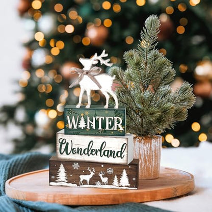 Yousoontic 4 Pcs Winter Woodland Reindeer Figurine, Rustic Farmhouse Decor - style: Wonderland