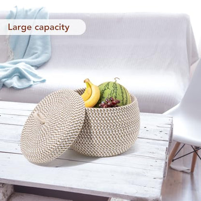 Angoily Storage Basket, 6.6 Quarts Woven Cotton Rope Basket with Lid, 1.6 Gal Small Round Decorative Storage Organizier Bin Box for Nursery, Living Room, Blanket, Home Decor, Bedroom