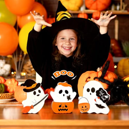 Cute Halloween Decorations Indoor, 3 PCS Wooden Ghost Halloween Decor for Home Table Office Desk Tiered Tray Party Shelf Display Mantle Kitchen Room Spooky Decorations - style: Ghost