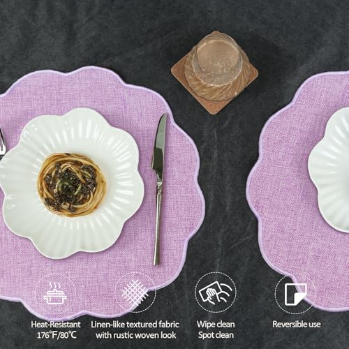 AHHFSMEI Round Scalloped Placemats Set of 6 15 Inch Faux Linen - color: Purple