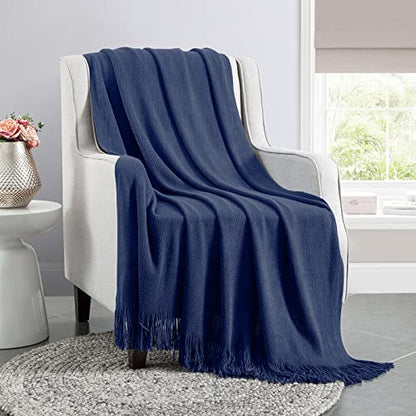 Vonty Royal Blue Knitted Throw Blanket with Tassels Fringe, 50x60 Acrylic - color: Royal Blue, size: 50" x 60"