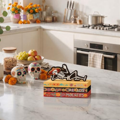 Smile Dia de Los Muertos Wooden Book Stack Decor - style: Muertos