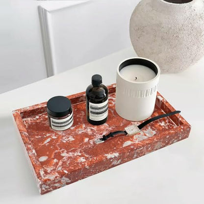 Luxury Red Marble Decorative Tray – 11.8" × 7.9" Natural Solid Stone Vanity Tray for Bathroom, Kitchen, Coffee Table, Jewelry, Makeup, Dresser – Elegant Home Décor & Gift
