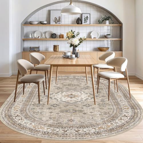 cotiled 5x8 Ellipse Area Rug for Living Room, Washable, Traditional, Beige - color: Beige, size: 5' x 8' (Oval)