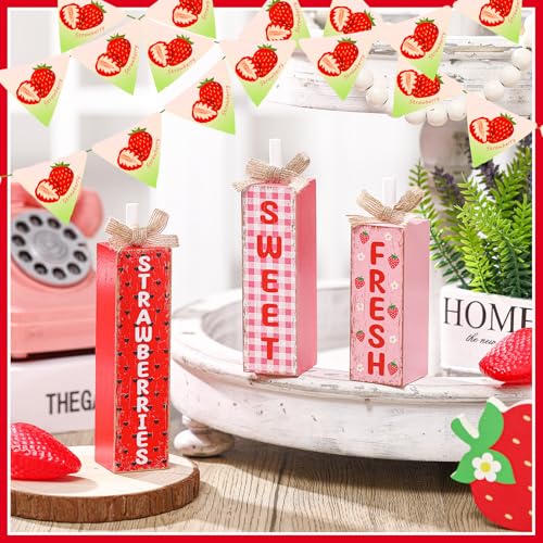 MiniInflat 3 Pcs Summer Strawberries Table Decor, Fruit Wooden Block Sign - style: Strawberries