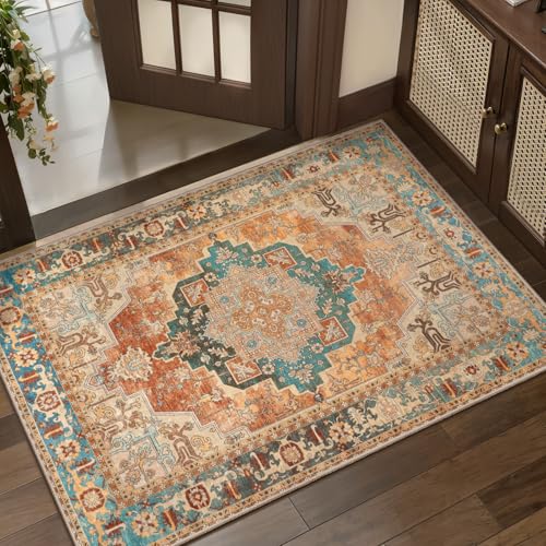 Tangsoo 2x3 Washable Rugs for Entryway, Vintage Non Slip Small Rug Orange - color: Rusty Orange, size: 2' X 3' (Rectangular)