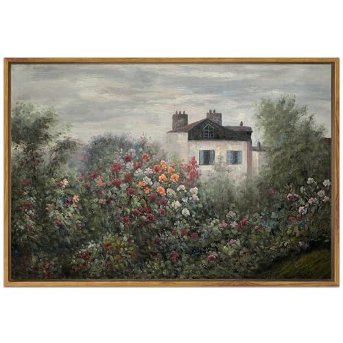 SHENIFY Landscape Framed Canvas Wall Art 24x36in Large Vintage Classical Flower Garden Prints Hallway Bathroom Office Decor - Natural Framed - color: Flower Garden, size: 36"L x 24"W