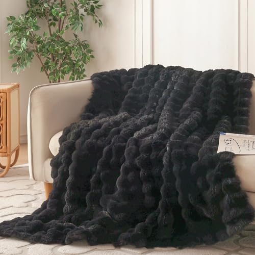 COOVA Soft Bubble Faux Fur Throw Blanket, 60"x80", Black - color: Black, size: 60“x80”