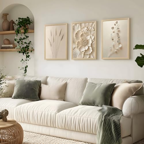Hianan Wood Framed Neutral Beige Botanical Wall Art Set of 3, 16x24 in - color: Beige(Wood), size: 24"L x 16"W