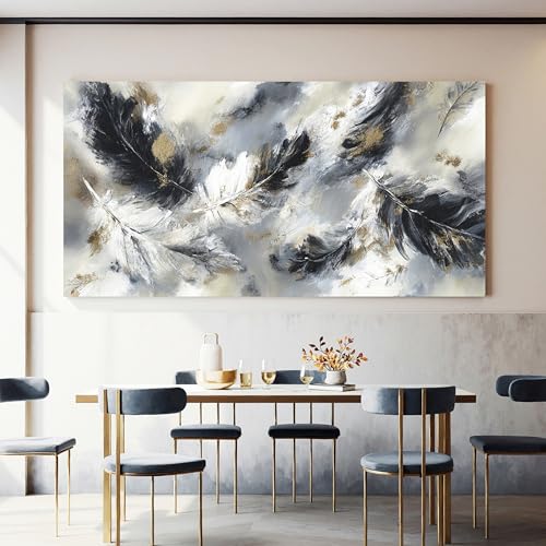 YISXINOAG Black White Abstract Wall Art Modern Feather Painting 29"X58" - color: black grey, size: 58"L x 29"W