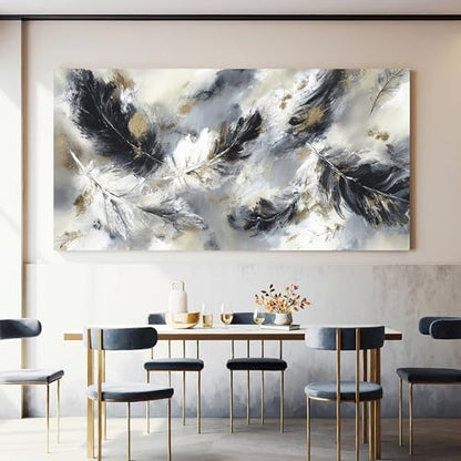YISXINOAG Black White Abstract Wall Art Modern Feather Painting 29"X58" - color: black grey, size: 58"L x 29"W