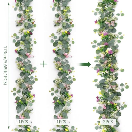 Flower Garland Artificial Daisy Garlands Floral Vines 3D Butterfly - color: Butterfly Eucalyptus, size: 2PCS