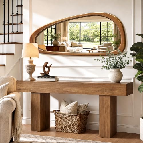 48" x 22" Asymmetrical Mirror, Solid Wood Frame, Irregular Design - color: Brown, size: 48"L x 22"W