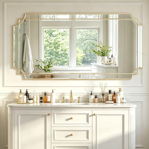 59"x30" Large Rectangle Beveled Mirror with Gold Geometric Frame - color: Gold, size: 59"L x 30"W