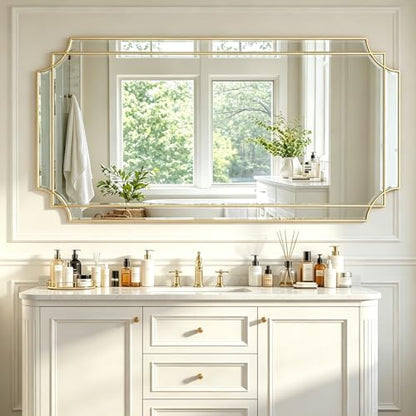 59"x30" Large Rectangle Beveled Mirror with Gold Geometric Frame - color: Gold, size: 59"L x 30"W