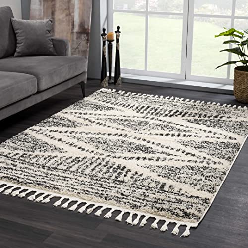 Hauteloom Berber Shag Collection - Fishhook Farmhouse Entryway, Bedroom, Kitchen Shaggy Runner Rug with Tassel - Fluffy Plush High Pile Carpet - Southwestern Tribal Style - Beige, Black - 2'7" x 7'3" - color: Light Brown, Black, White / Fishhook Fishh, si