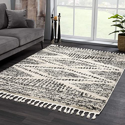Hauteloom Berber Shag Collection - Fishhook Farmhouse Entryway, Bedroom, Kitchen Shaggy Runner Rug with Tassel - Fluffy Plush High Pile Carpet - Southwestern Tribal Style - Beige, Black - 2'7" x 7'3" - color: Light Brown, Black, White / Fishhook Fishh, si