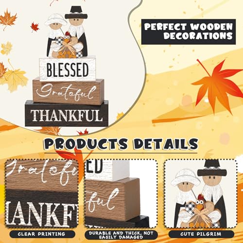 4 Pcs Thanksgiving Decor for Home Pilgrim Couple Wooden Signs with Turkey - style: Pilgrim