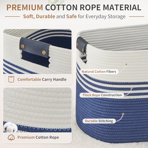 Laundry Hamper with Handles, 72L Rope Laundry Basket, Dark Blue & White - color: Dark Blue & White, size: 72L