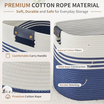 Laundry Hamper with Handles, 72L Rope Laundry Basket, Dark Blue & White - color: Dark Blue & White, size: 72L