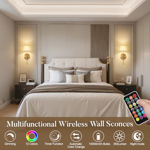Battery Operated Wall Sconces with Dimmable Led Bulds and Remote - color: Gold