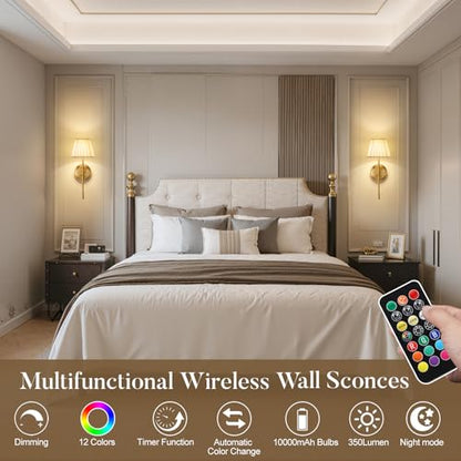 Battery Operated Wall Sconces with Dimmable Led Bulds and Remote - color: Gold