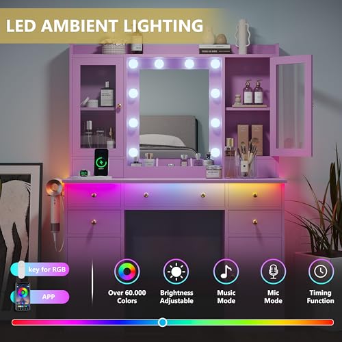 Xixini 44" Vanity Desk with Mirror & Lights, Glass Storage Cabinets, Purple - color: Purple