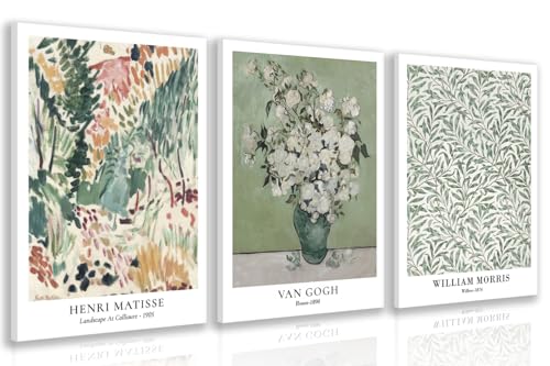 IAFWZX Wrapped Canvas Morris Green Botanical Wall Art Set of 3, 12x16 in | Matisse and Van Gogh Vintage Sage Green Botanical Wall Decor, Mid Century Classic Art Prints, Timeless Decor for Art Lovers - color: VanGoghMatisseWilliam, size: 16"L x 12"W