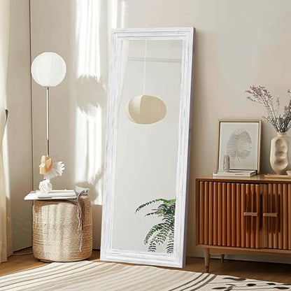58x22in Full Length Mirror, 3-Tier Stepped Solid Wood Frame, White - color: White, size: 58"L x 22"W