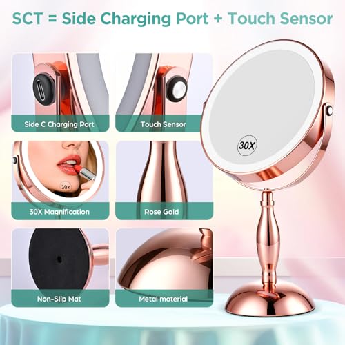 30X Makeup Mirror with Lights and Magnification-Rose Gold 8" Double Sided - color: Rose Gold