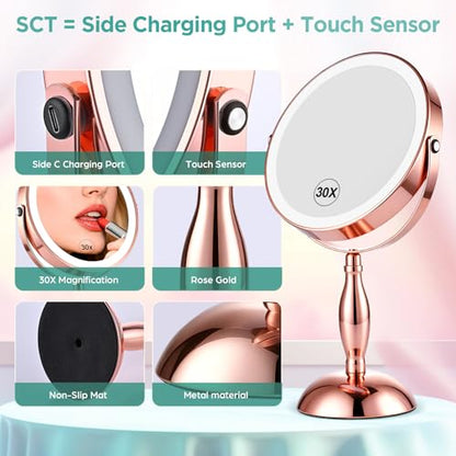 30X Makeup Mirror with Lights and Magnification-Rose Gold 8" Double Sided - color: Rose Gold