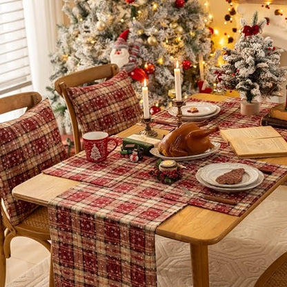 AQOTHES Christmas Plaid Placemats Set of 4 Snowflake 12x18 Inch Table Decor - color: Red Plaid Snowflake