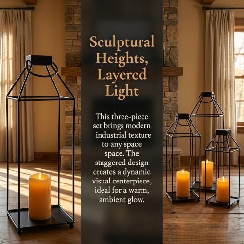 Lanterns Decorative Tall Large Metal Candle Set of 3, Black （16.6",14.7",12.9"） Modern Farmhouse Decor, Indoor, Outdoor, Tabletop, Porch, No Glass NO Candles