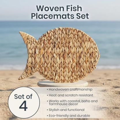 Woven Fish Placemats Set of 4 (12"x17") – Water Hyacinth Placemats Indoor – Farmhouse Placemat for Dining Table – Boho Place mats – Wicker Rattan Place mats - style: Fish 4 pack
