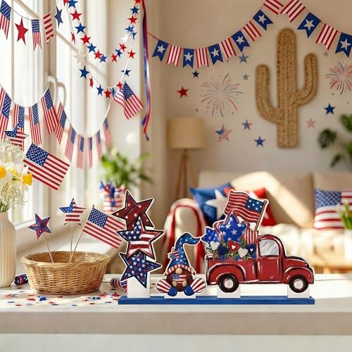 Smile Patriotic Wooden Standing Decor Set, 3-Piece 4th of July Tiered Tray Tabletop Signs with Red Truck, Gnome & Star Stack for Independence Day - style: 4th of July