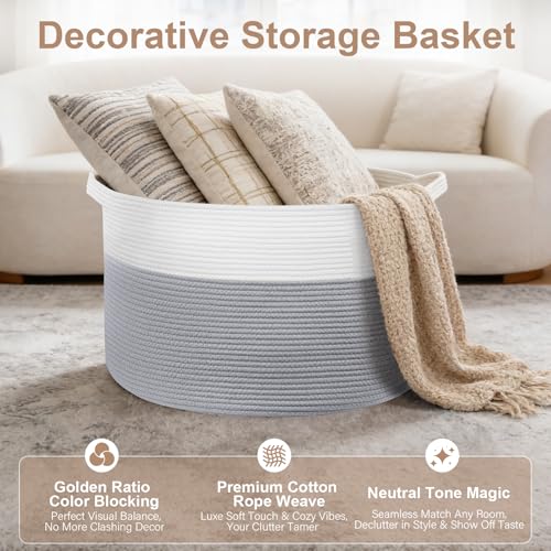 90L Large Blanket Basket Storage with Handles - White & Gray - color: Gray & White, size: 90L