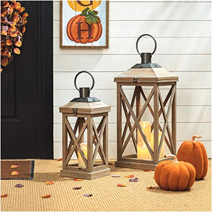 Glitzhome Set of 2 Mondern Farmhouse Wood Metal Decorative Lanterns Hanging Candle Lanterns,Natural (No Glass) - color: Brown