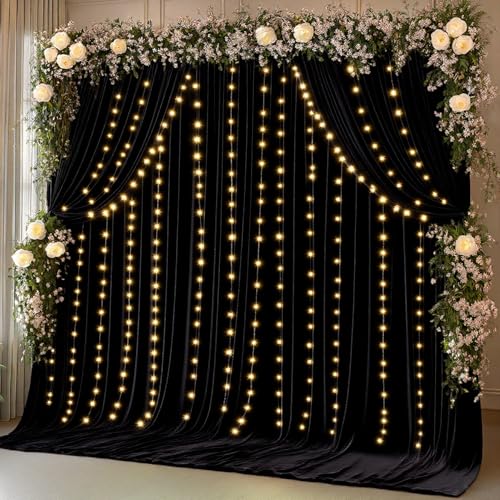 10 x 10ft Black Backdrop Curtains with Lights String for Party - color: Black, size: W5' x H10'(2 panels)