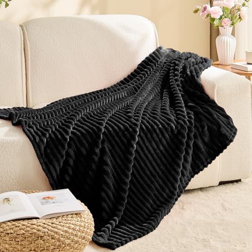 BEDELITE Ribbed Jacquard Black Fleece Throw Blanket for Couch, 50x60 Inch - color: Black, size: Throw(50"x60")