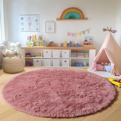 Blush Fluffy Round Rug Circle Area Rugs 4ft for Kids Girls Teen Bedroom - color: Blush, size: 4' (Round)
