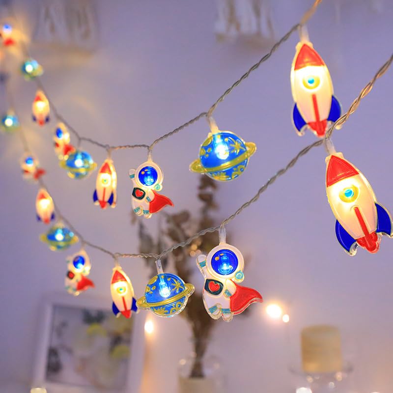 Space String Lights 3M 20 LED, Battery Operated Fairy Lights with Astronaut, Planet & Rocket Shapes, Decorative Lights for Kids Tent, Bedroom Playhouse Party Christmas