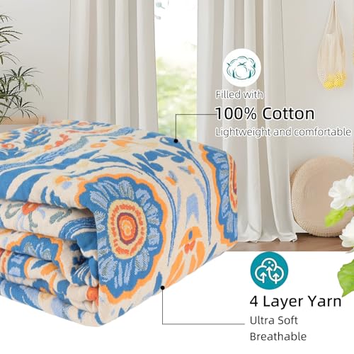 Boho Throw Blanket for Couch Bed, 100% Cotton Soft Rustic Quilt with Tassel 80''x 90'', Super Soft Bohemian Decor Reversible Sofa Bed Chair Blanket Cover for All Seasons(Floral Bird)
