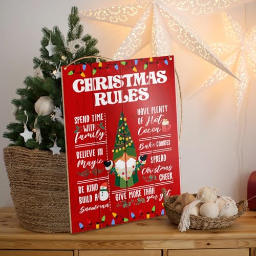 Hanging Sign, Gnome Holiday Decor, Wooden Wall Sign, Xmas Rules - color: J2
