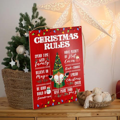 Hanging Sign, Gnome Holiday Decor, Wooden Wall Sign, Xmas Rules - color: J2